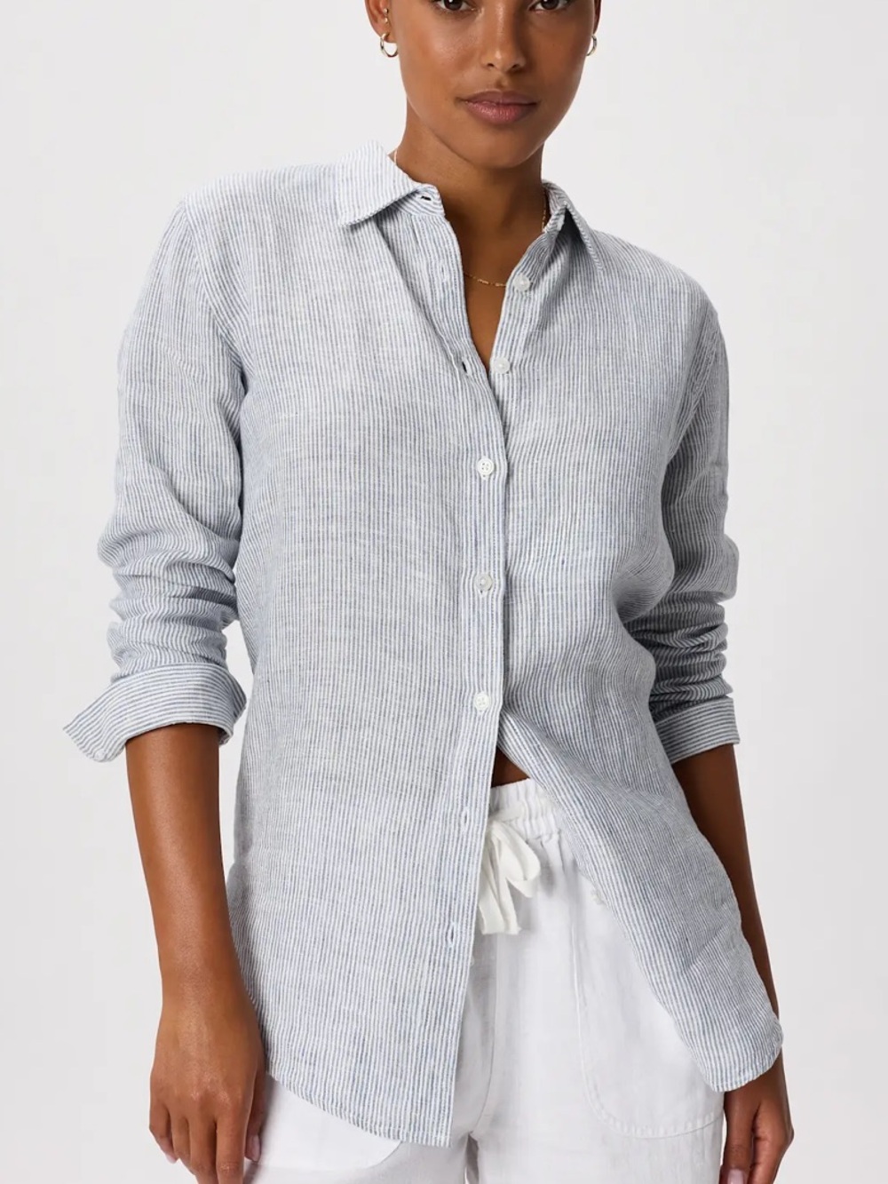 Quince 100% European Sustainably Grown Linen Button Down Shirt Blue Pinstripe M